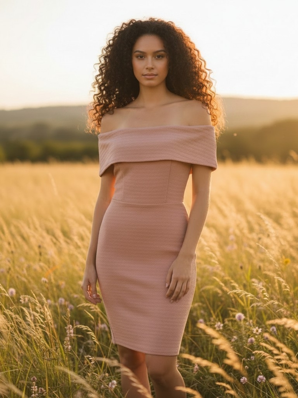 june & hudson Blush Off-Shoulder Folded Neck Dress